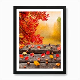 Autumnal Tableau In Vibrant Watercolor Leaves In Shades Of Crimson Orange And Gold Aflutter Amids Art Print