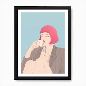 Woman Relaxed Drinking Coffee Pink Hair Art Print