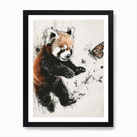 Red Panda Cub Chasing After A Butterfly Ink Illustration 3 Art Print