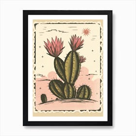 Cactus With Pink Flower In The Desert Vintage Illustration Stamp Art Print