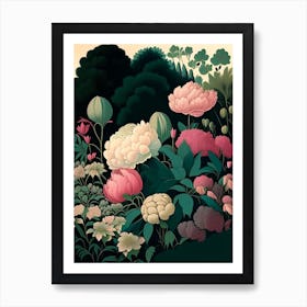 Mass Plantings Of Peonies 4 Colourful Vintage Sketch Art Print