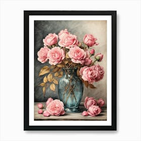 Pink Roses In A Vase 1 Art Print