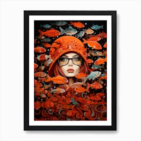 Girl Surrounded By Fish 9 Art Print
