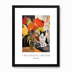 Cats & Flowers Collection Calla Lily Flower Vase And A Cat, A Painting In The Style Of Matisse 2 Art Print