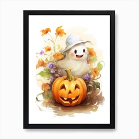 Cute Ghost With Pumpkins Halloween Watercolour 36 Art Print