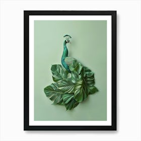 Peacock On Green Leaves Art Print