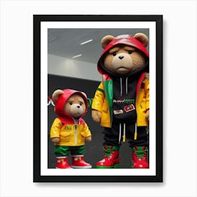 Teddy Bears in rain coats Art Print