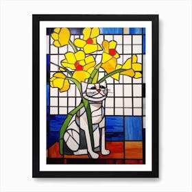 Daffodils With A Cat 2 De Stijl Style Mondrian Art Print