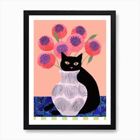 Lazy Black Cat With A Vase With Poppies Illustration Art Print
