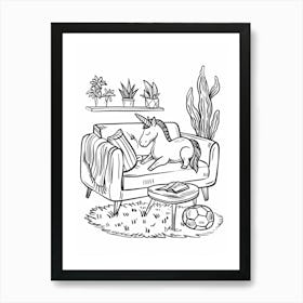 A Unicorn Black & White Doodle Relaxing On The Sofa 1 Art Print