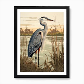 Vintage Bird Linocut Great Blue Heron 3 Art Print