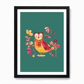 Owl With Boots Nursery Green Art Print