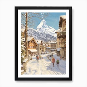 Vintage Winter Illustration Zermatt Switzerland 1 Art Print