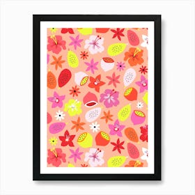 Bright and Warm Tropical Fruits and Flowers - Pink Red Orange Yellow Art Print