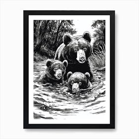 Malayan Sun Bear Family Swimming In A River Ink Illustration 2 Art Print