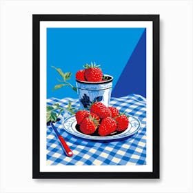 Strawberries Blue Checkerboard 2 Art Print