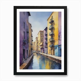 Colored Painting Of A Cityscape,Indigo And Yellow,Purple (22) Art Print