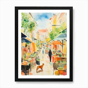 Food Market With Cats In Sintra 2 Watercolour Art Print