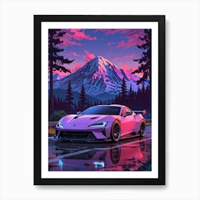 Pink Sports Car In Front Of Mountains Art Print