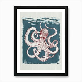 Octopus Swimming Around With Tentacles Red Navy Linocut Inspired 6 Art Print