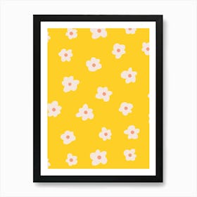 Soft, Simple Scattered White Flowers on Bright Yellow Art Print