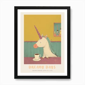 Pastel Storybook Style Unicorn Drinking Coffee In A Cafe 2 Poster Art Print