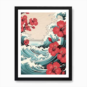 Great Wave With Hibiscus Flower Drawing In The Style Of Ukiyo E 2 Art Print