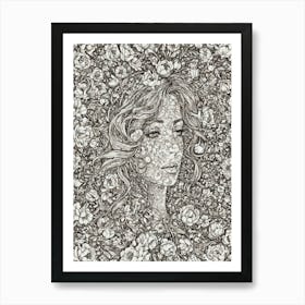 Girl In Detailed Tulips Flowers Art Print