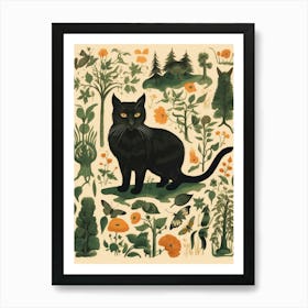 Floral Medieval Illustration With Black Cat Art Print