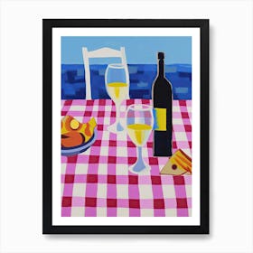 Painting Of A Table With Food And Wine, French Riviera View, Checkered Cloth, Matisse Style 10 Art Print
