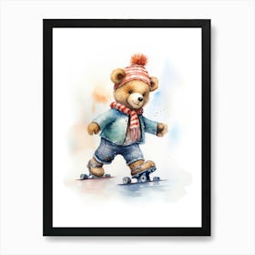 Roller Skating Teddy Bear Painting Watercolour 2 Art Print