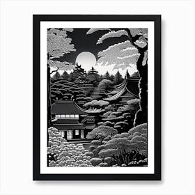 Ryoan Ji, Japan Linocut Black And White Vintage Art Print