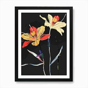 Neon Flowers On Black Flax Flower 1 Art Print