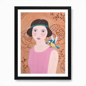 2 Woman In Pink Dress With Bird Art Print