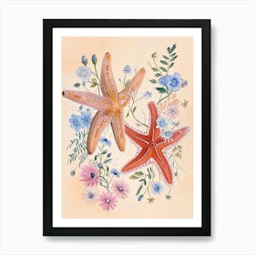 Folksy Floral Animal Drawing Starfish Art Print