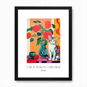 Cats & Flowers Collection Rose Flower Vase And A Cat, A Painting In The Style Of Matisse 3 Art Print