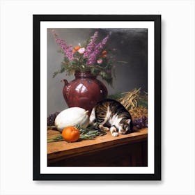 Painting Of A Still Life Of A Heather With A Cat, Realism 4 Art Print