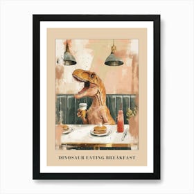 Muted Mustard Dinosaur Eating Breakfast At A Diner Poster Art Print