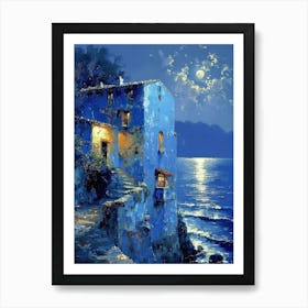 Blue Moon over Aegean Sea |Paradise Beautiful Landscape Scenery Painting | Contemporary Art Print for Feature Wall | Vibrant Beautiful Wall Decor in HD Art Print