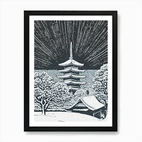 A Snow Covered Village With A Distant View Of A Pagoda Ukiyo-E Style 2 Art Print