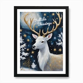 Yuletide Blessings Stag by Sarah Valentine ~ Blessed Yule Christmas Xmas Greetings Gold and Stars Winter Fae Animals Snow Scene Art Print