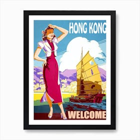 Hong Kong, Woman On The Coast Is Watching at the Oriental Sailing Boat Art Print