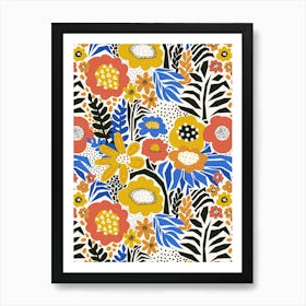 Paper Cut And Doodle Floral Collage Blue Gold Red Black Art Print