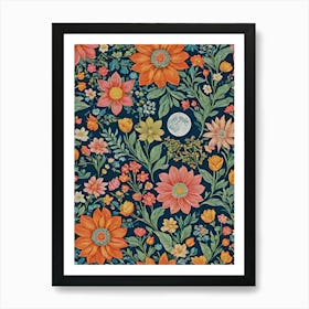 Painted Summer Flowers Pattern on a Full Moon - Navy Background, Stars, Moon Art Like Amy Butler and William Morris Fabric Print For Lunar Pagan Gallery Feature Wall Floral Botanical Luna Lover HD Art Print