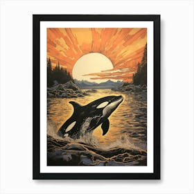 Ink Drawing Of An Orca Whale With Sunset Art Print