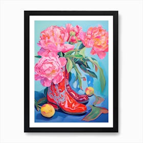 Oil Painting Of Hydrangea Flowers And Cowboy Boots, Oil Style 3 Art Print