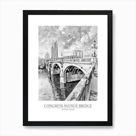 Congress Avenue Bridge Austin Texas Black And White Drawing 3 Poster Art Print