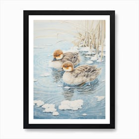 Ducklings In The Icy Water Japanese Woodblock Style 1 Art Print