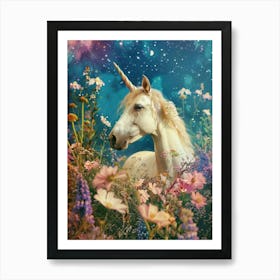 Floral Unicorn In Space Retro Collage 2 Art Print