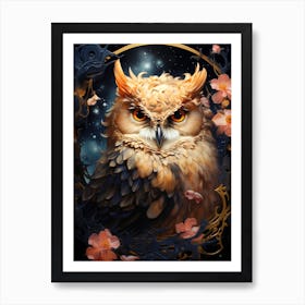 Owl With Flowers Art Print